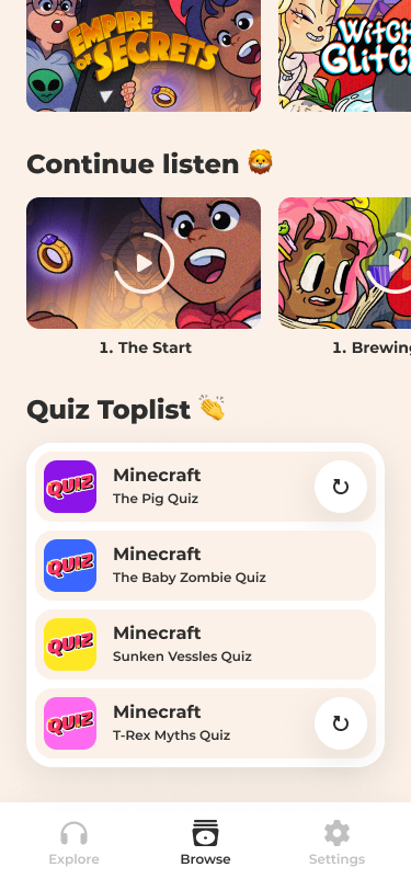 Browser screen showing a list of available content, here it is a list of quizzes